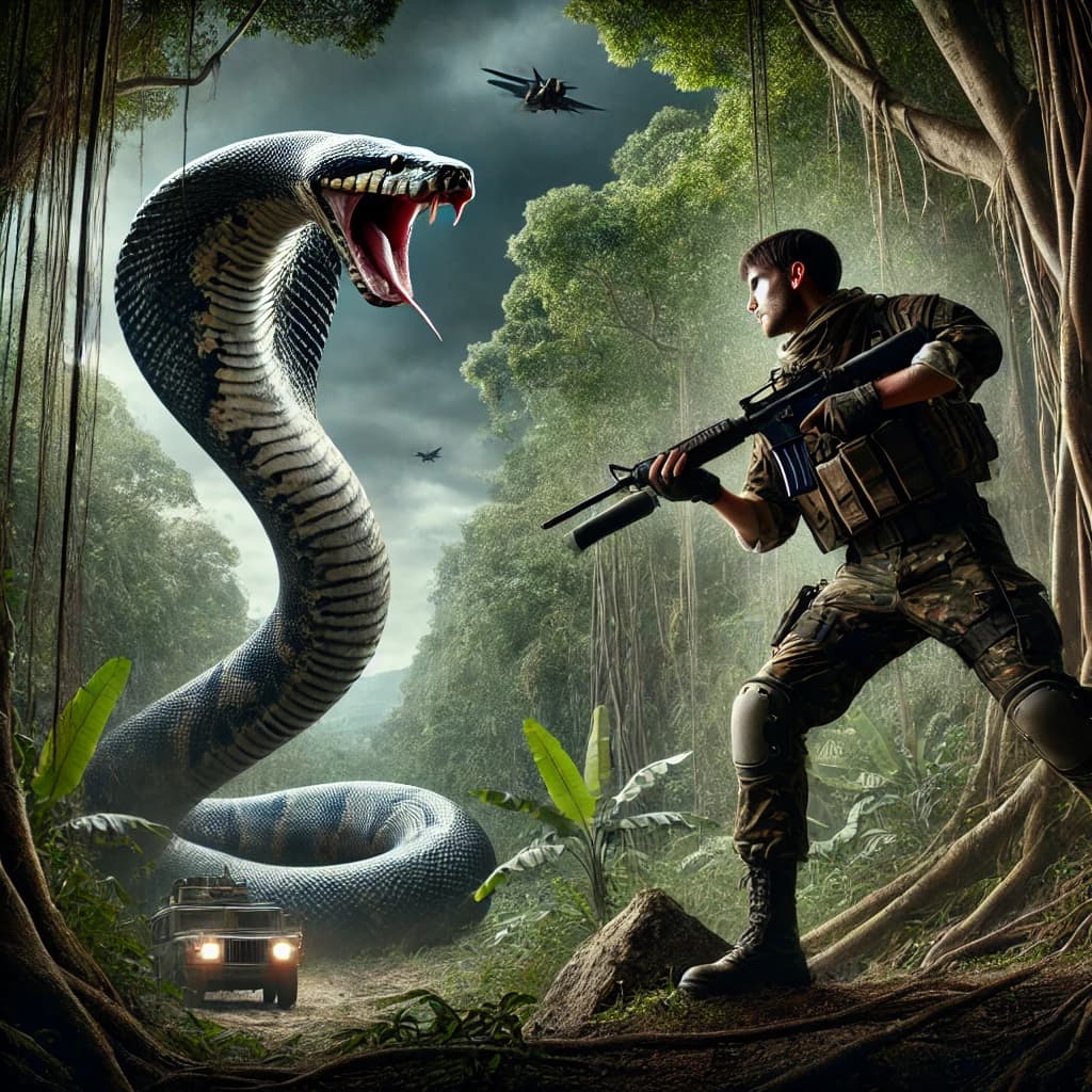 Prompt: 'cover image of a sentry flighting a massive python'